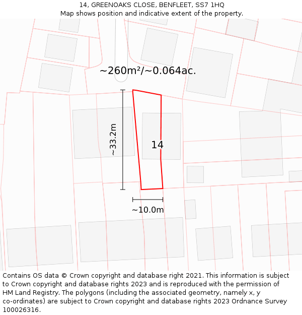 14, GREENOAKS CLOSE, BENFLEET, SS7 1HQ: Plot and title map