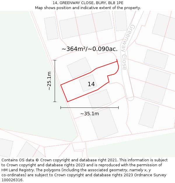 14, GREENWAY CLOSE, BURY, BL8 1PE: Plot and title map