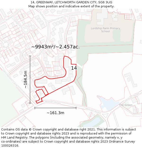 14, GREENWAY, LETCHWORTH GARDEN CITY, SG6 3UG: Plot and title map