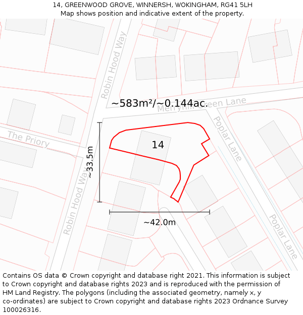 14, GREENWOOD GROVE, WINNERSH, WOKINGHAM, RG41 5LH: Plot and title map