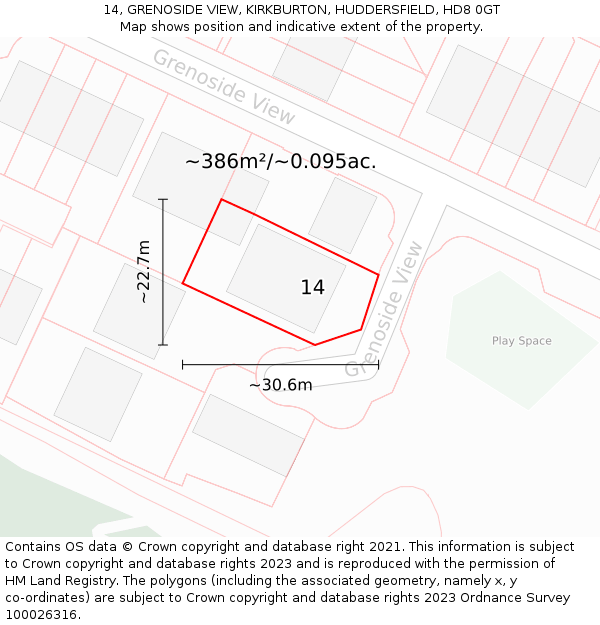 14, GRENOSIDE VIEW, KIRKBURTON, HUDDERSFIELD, HD8 0GT: Plot and title map