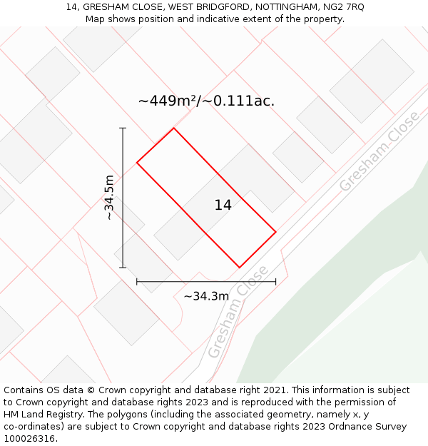 14, GRESHAM CLOSE, WEST BRIDGFORD, NOTTINGHAM, NG2 7RQ: Plot and title map