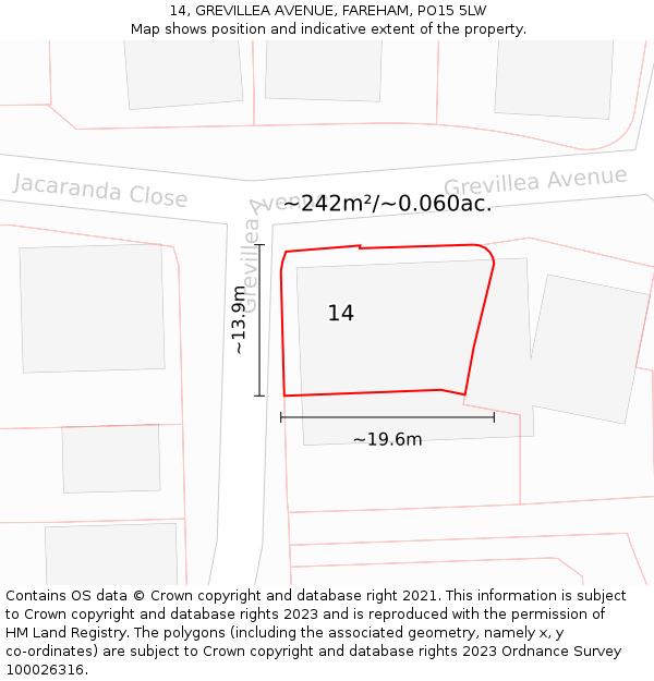 14, GREVILLEA AVENUE, FAREHAM, PO15 5LW: Plot and title map