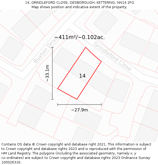14, GRINDLEFORD CLOSE, DESBOROUGH, KETTERING, NN14 2FG: Plot and title map