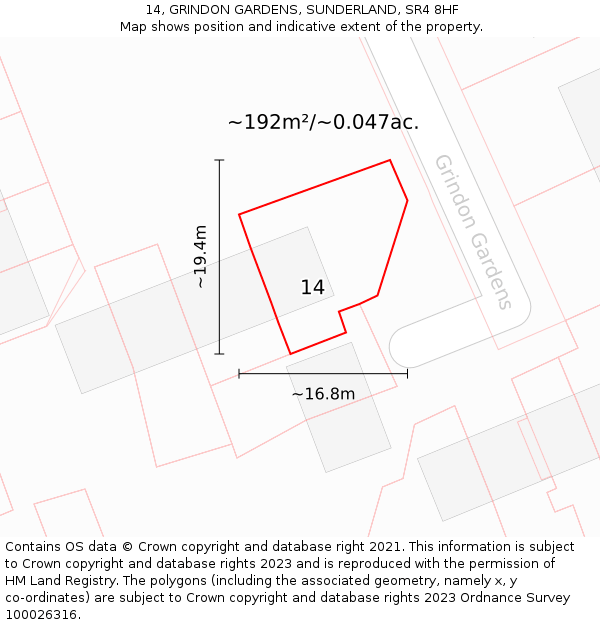 14, GRINDON GARDENS, SUNDERLAND, SR4 8HF: Plot and title map