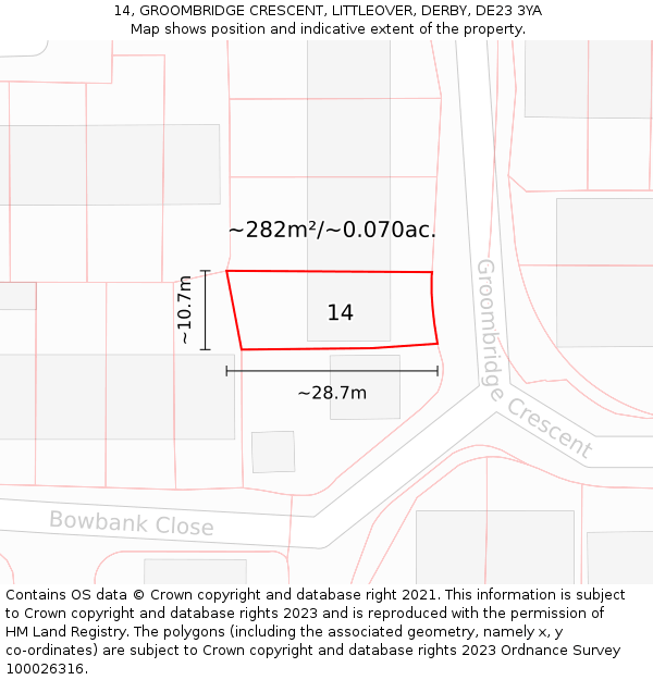 14, GROOMBRIDGE CRESCENT, LITTLEOVER, DERBY, DE23 3YA: Plot and title map