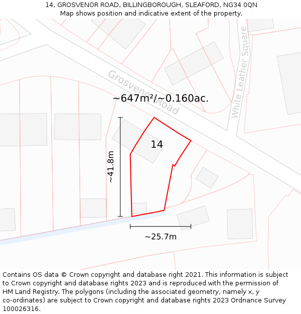 14, GROSVENOR ROAD, BILLINGBOROUGH, SLEAFORD, NG34 0QN: Plot and title map