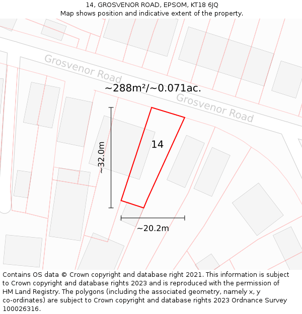 14, GROSVENOR ROAD, EPSOM, KT18 6JQ: Plot and title map