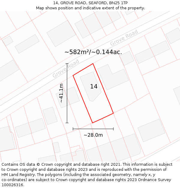 14, GROVE ROAD, SEAFORD, BN25 1TP: Plot and title map