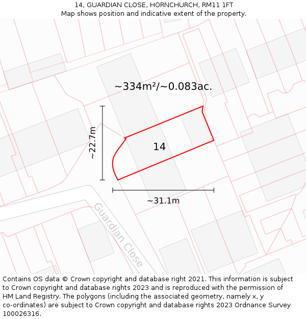 14, GUARDIAN CLOSE, HORNCHURCH, RM11 1FT: Plot and title map