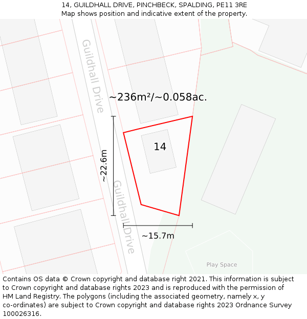 14, GUILDHALL DRIVE, PINCHBECK, SPALDING, PE11 3RE: Plot and title map