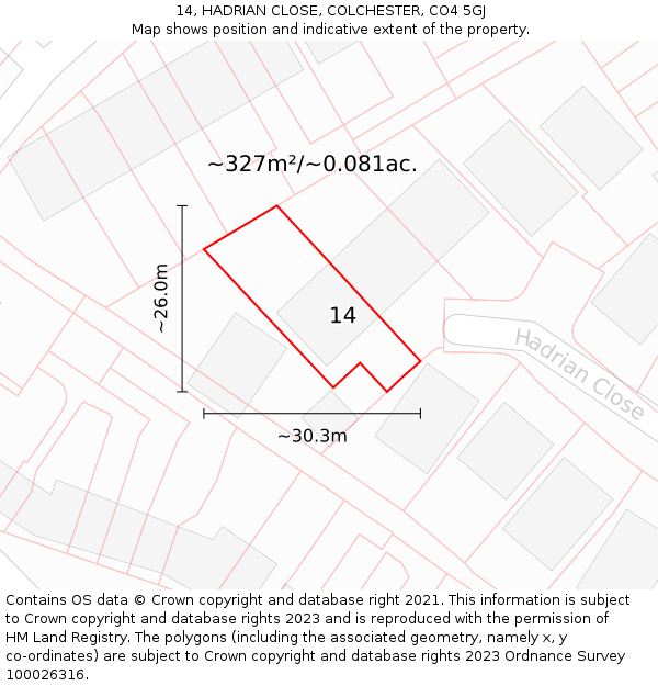 14, HADRIAN CLOSE, COLCHESTER, CO4 5GJ: Plot and title map