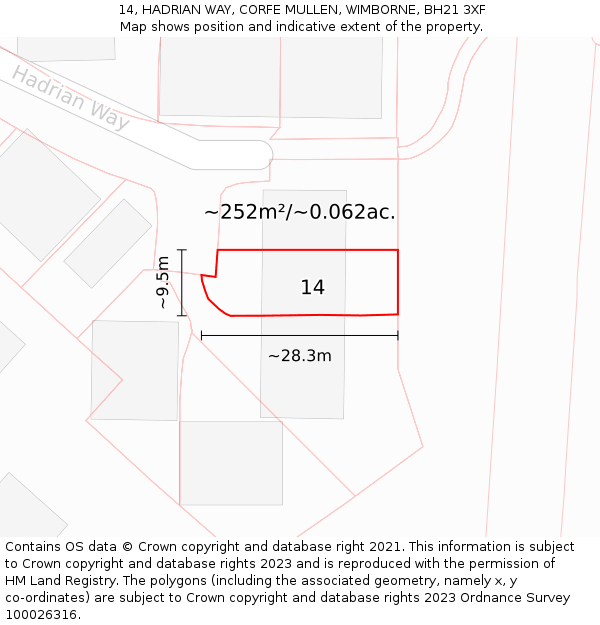 14, HADRIAN WAY, CORFE MULLEN, WIMBORNE, BH21 3XF: Plot and title map