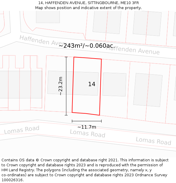 14, HAFFENDEN AVENUE, SITTINGBOURNE, ME10 3FR: Plot and title map