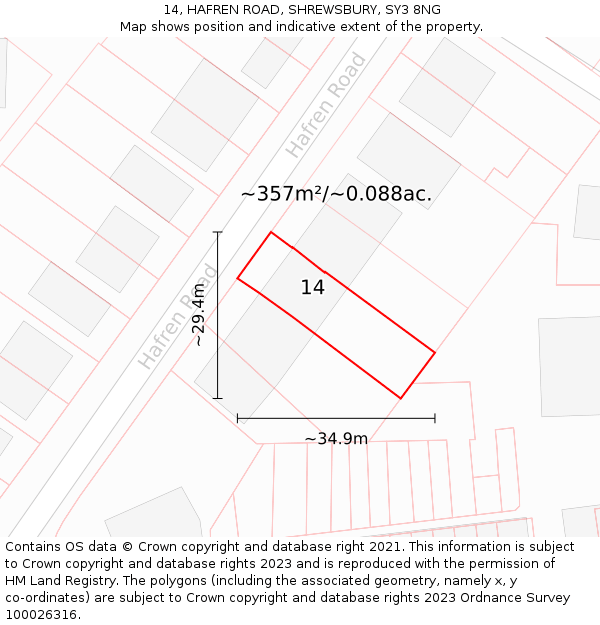 14, HAFREN ROAD, SHREWSBURY, SY3 8NG: Plot and title map