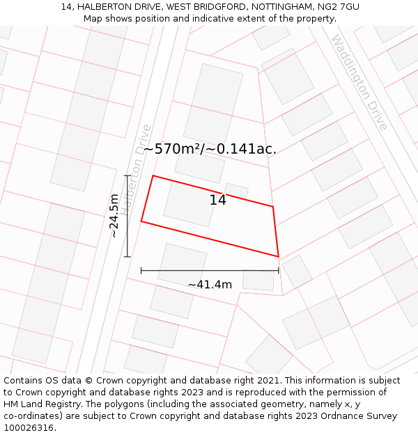 14, HALBERTON DRIVE, WEST BRIDGFORD, NOTTINGHAM, NG2 7GU: Plot and title map