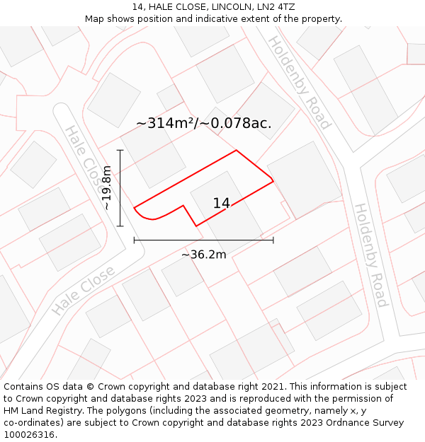 14, HALE CLOSE, LINCOLN, LN2 4TZ: Plot and title map