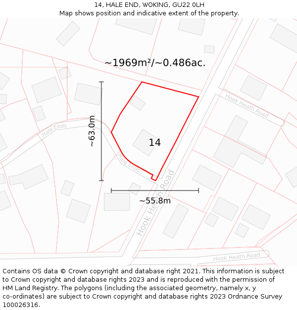 14, HALE END, WOKING, GU22 0LH: Plot and title map