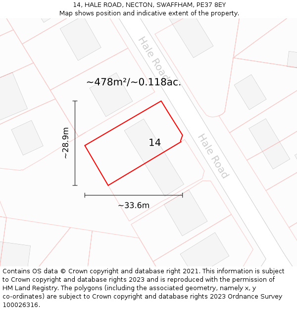 14, HALE ROAD, NECTON, SWAFFHAM, PE37 8EY: Plot and title map