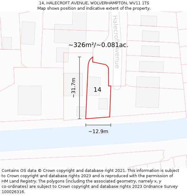 14, HALECROFT AVENUE, WOLVERHAMPTON, WV11 1TS: Plot and title map