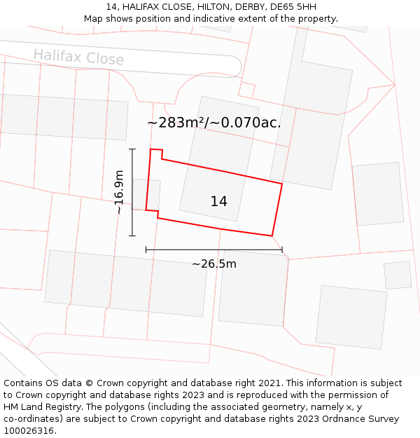 14, HALIFAX CLOSE, HILTON, DERBY, DE65 5HH: Plot and title map