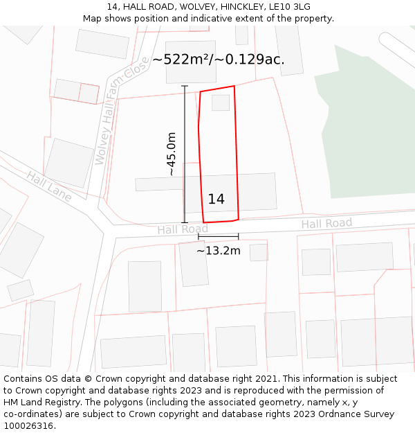 14, HALL ROAD, WOLVEY, HINCKLEY, LE10 3LG: Plot and title map