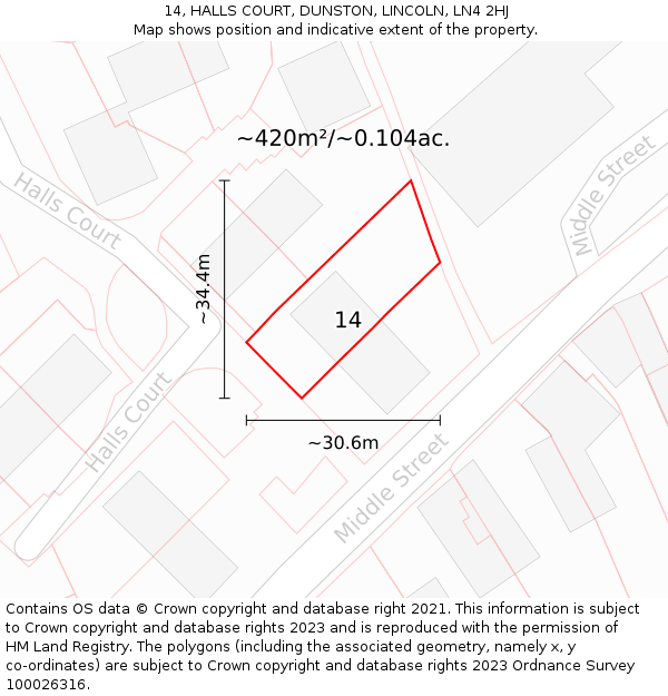 14, HALLS COURT, DUNSTON, LINCOLN, LN4 2HJ: Plot and title map