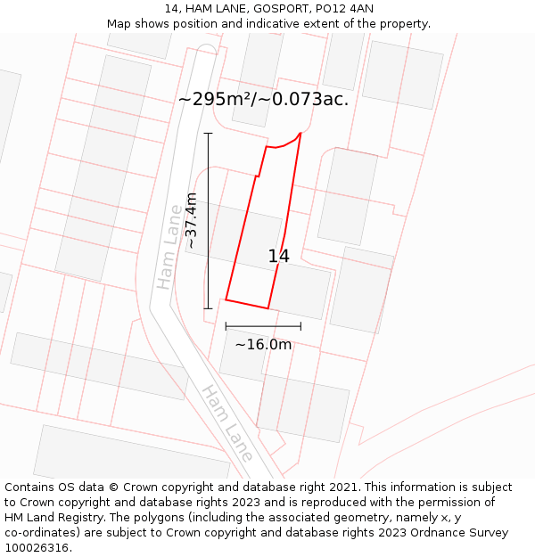 14, HAM LANE, GOSPORT, PO12 4AN: Plot and title map