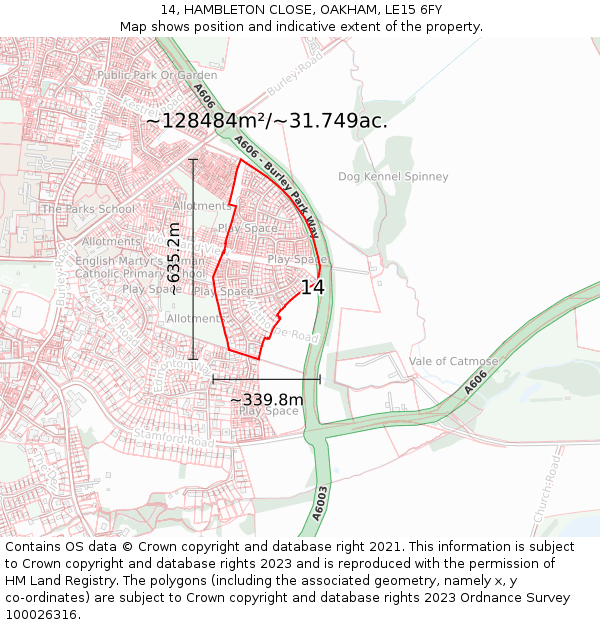 14, HAMBLETON CLOSE, OAKHAM, LE15 6FY: Plot and title map