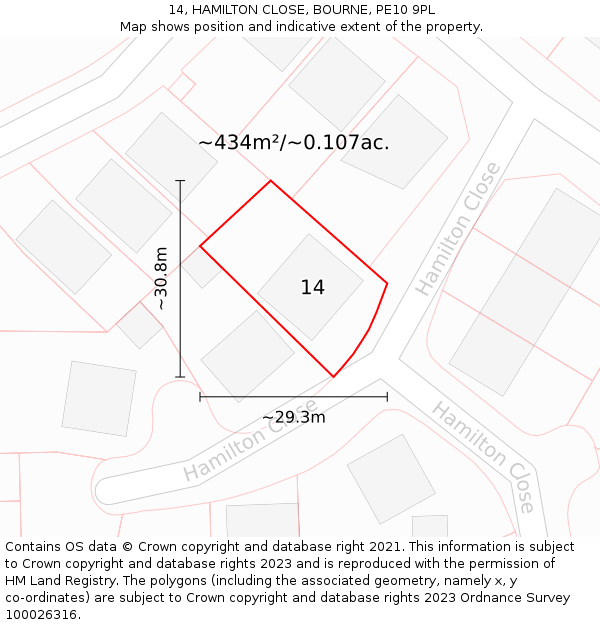 14, HAMILTON CLOSE, BOURNE, PE10 9PL: Plot and title map