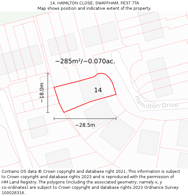 14, HAMILTON CLOSE, SWAFFHAM, PE37 7TA: Plot and title map