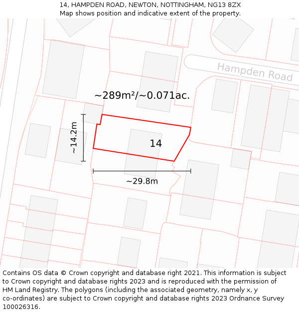 14, HAMPDEN ROAD, NEWTON, NOTTINGHAM, NG13 8ZX: Plot and title map