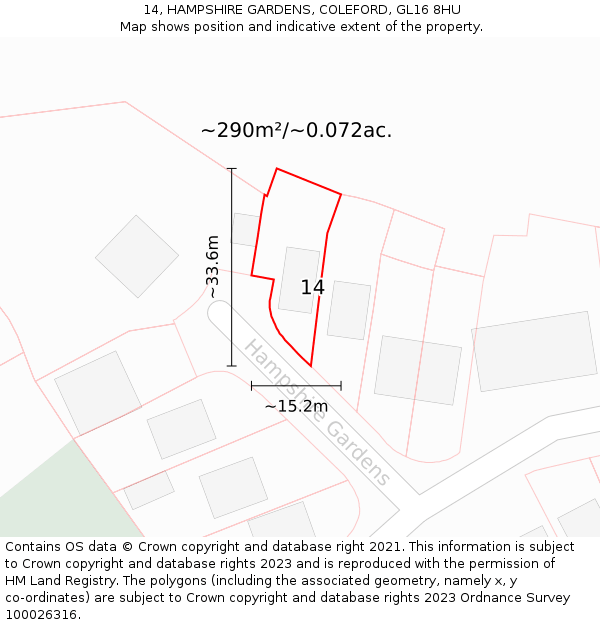 14, HAMPSHIRE GARDENS, COLEFORD, GL16 8HU: Plot and title map