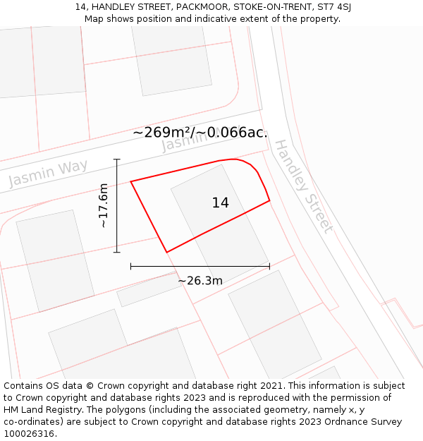 14, HANDLEY STREET, PACKMOOR, STOKE-ON-TRENT, ST7 4SJ: Plot and title map