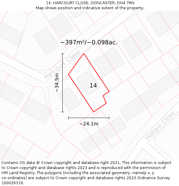 14, HARCOURT CLOSE, DONCASTER, DN4 7RN: Plot and title map