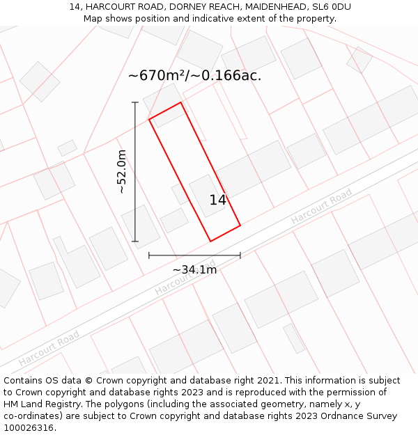 14, HARCOURT ROAD, DORNEY REACH, MAIDENHEAD, SL6 0DU: Plot and title map