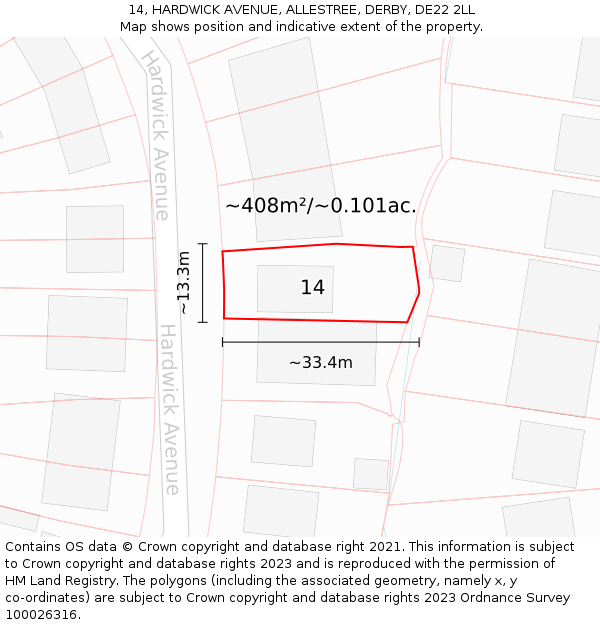 14, HARDWICK AVENUE, ALLESTREE, DERBY, DE22 2LL: Plot and title map