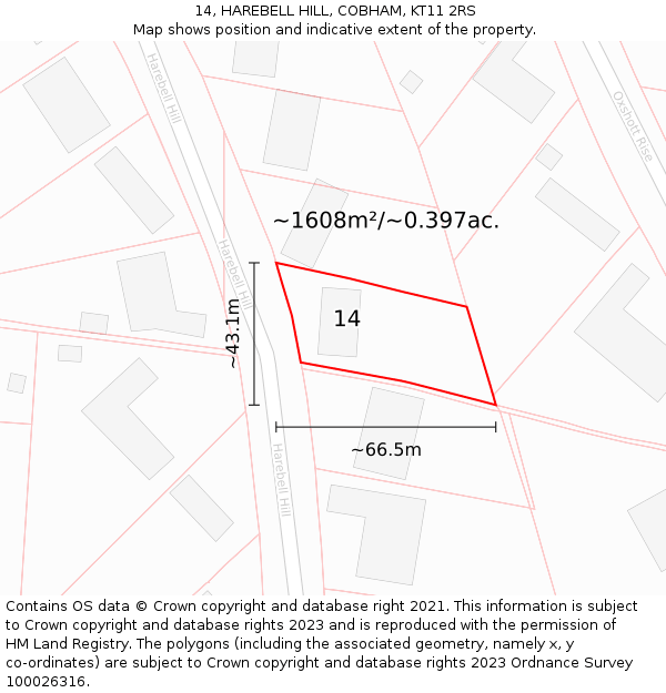 14, HAREBELL HILL, COBHAM, KT11 2RS: Plot and title map