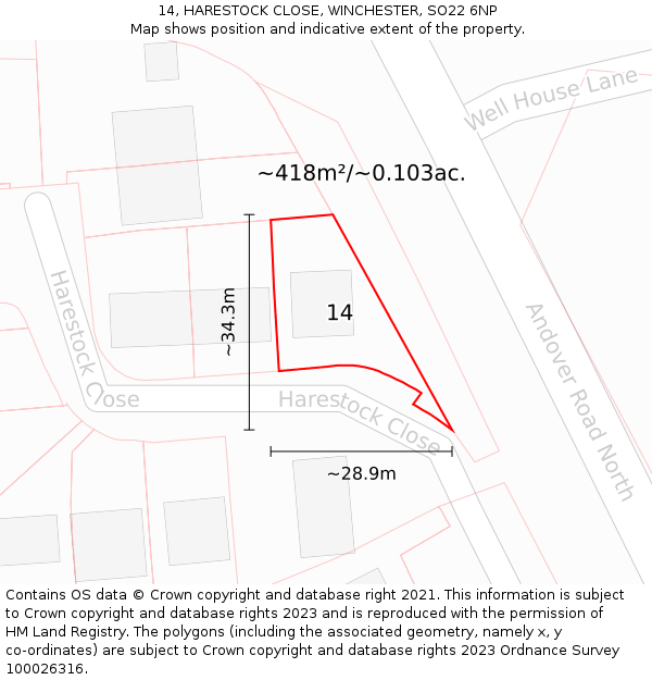14, HARESTOCK CLOSE, WINCHESTER, SO22 6NP: Plot and title map