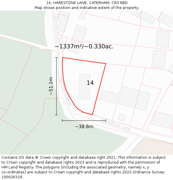 14, HARESTONE LANE, CATERHAM, CR3 6BD: Plot and title map