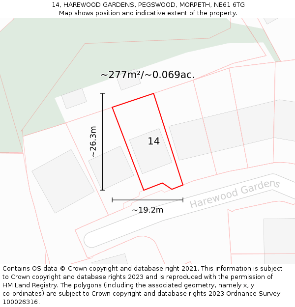 14, HAREWOOD GARDENS, PEGSWOOD, MORPETH, NE61 6TG: Plot and title map