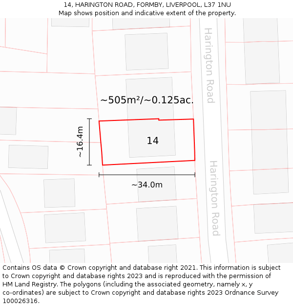 14, HARINGTON ROAD, FORMBY, LIVERPOOL, L37 1NU: Plot and title map