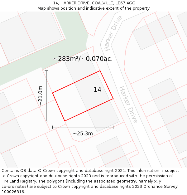 14, HARKER DRIVE, COALVILLE, LE67 4GG: Plot and title map