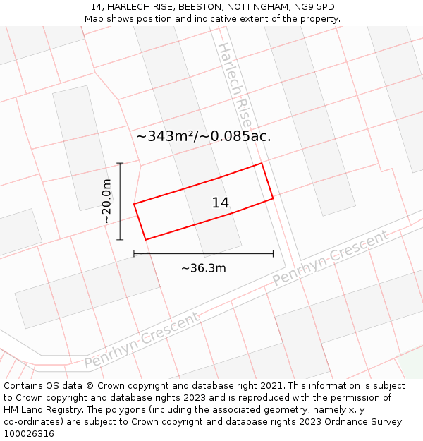 14, HARLECH RISE, BEESTON, NOTTINGHAM, NG9 5PD: Plot and title map