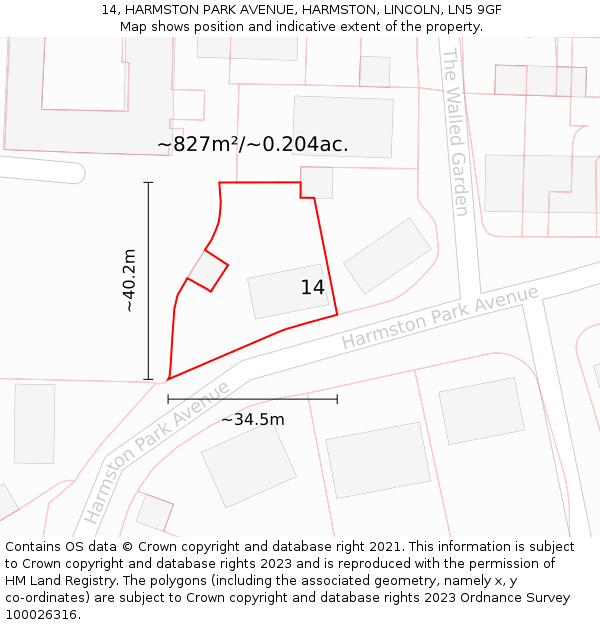 14, HARMSTON PARK AVENUE, HARMSTON, LINCOLN, LN5 9GF: Plot and title map