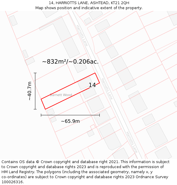 14, HARRIOTTS LANE, ASHTEAD, KT21 2QH: Plot and title map