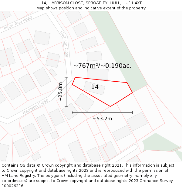 14, HARRISON CLOSE, SPROATLEY, HULL, HU11 4XT: Plot and title map