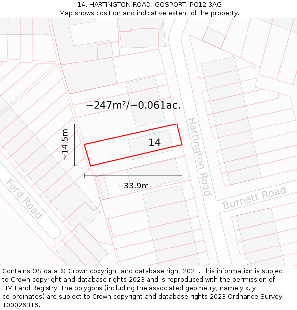 14, HARTINGTON ROAD, GOSPORT, PO12 3AG: Plot and title map