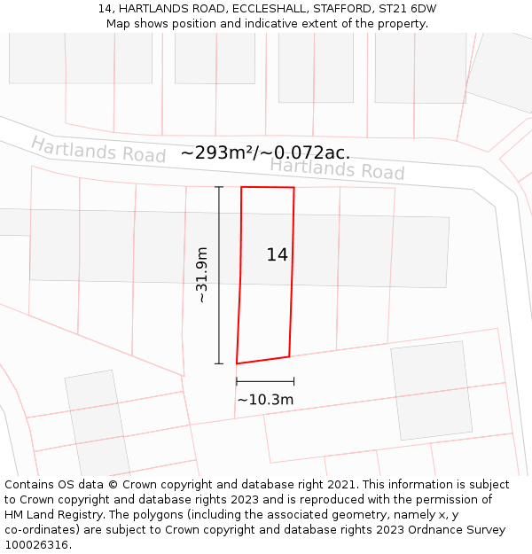 14, HARTLANDS ROAD, ECCLESHALL, STAFFORD, ST21 6DW: Plot and title map