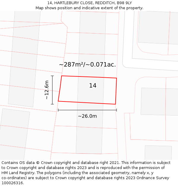 14, HARTLEBURY CLOSE, REDDITCH, B98 9LY: Plot and title map